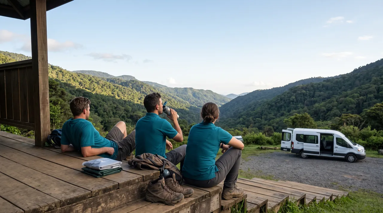 Tres guías descansan en las gradas de un refugio al final del día, con el microbús estacionado al frente